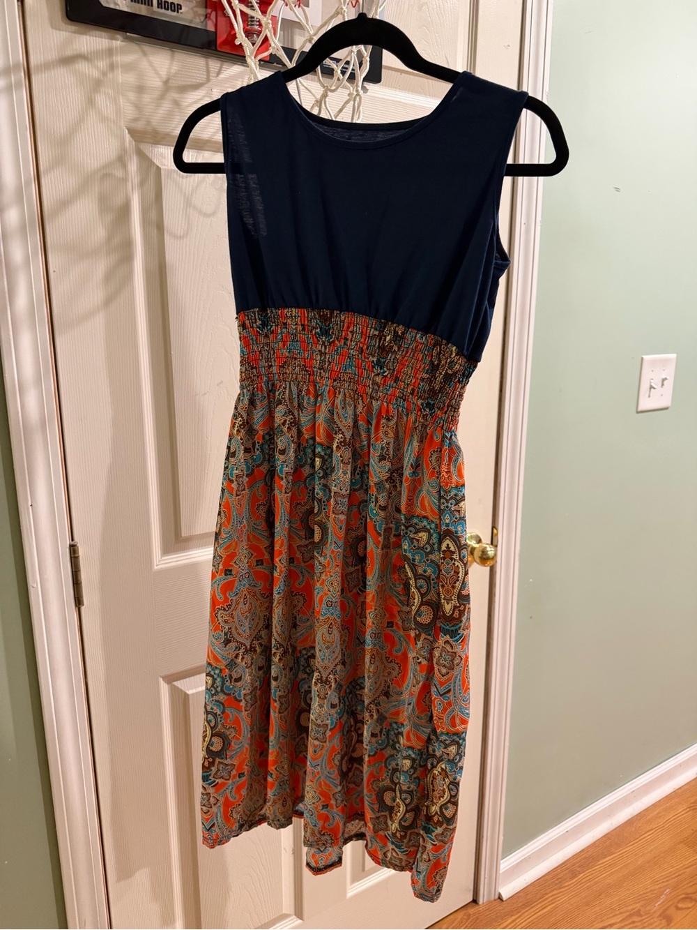 Navy & Orange Paisley Smocked Waist Women’s Dress